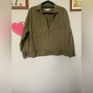 LOFT Petites Green Floral Collared Long Sleeve Top Size Large